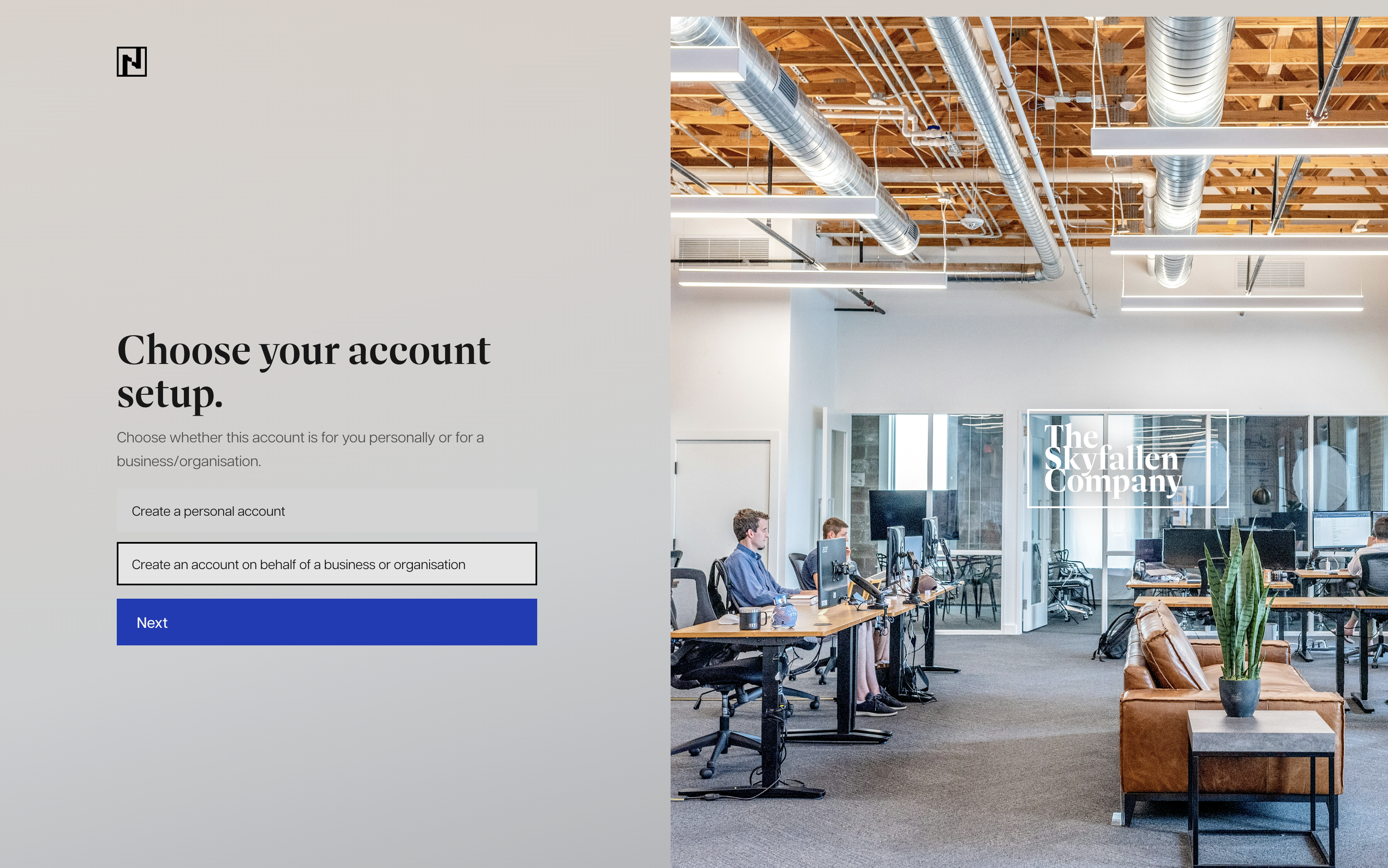 Account type choice on the sign-up flow